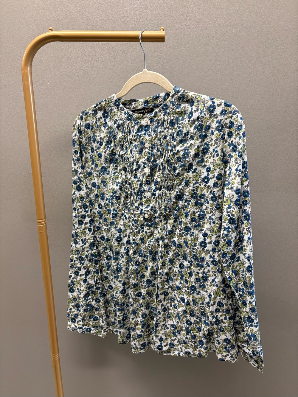 Pintuck Floral Button-Front Blouse - Blue/Green